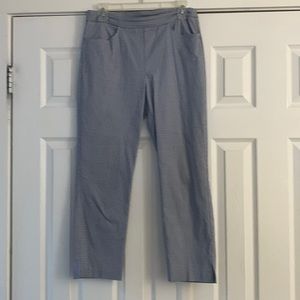 Pull on capri pants; small blue/white diamond pattern.